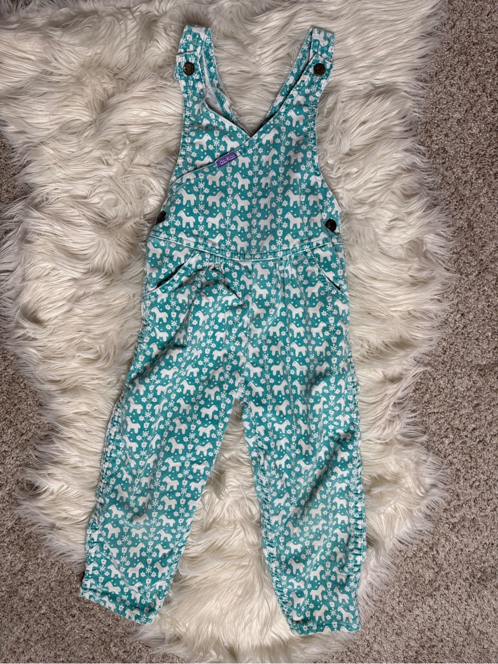 OshKosh B'gosh Teal Horse Print Corduroy Overalls USA Sz 5